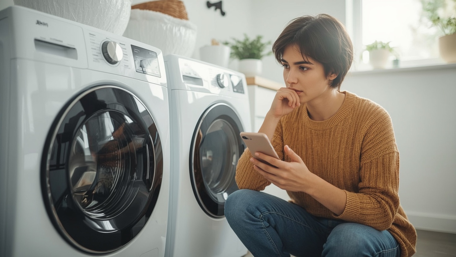 Person &uuml;berlegt vor einer Waschmaschine