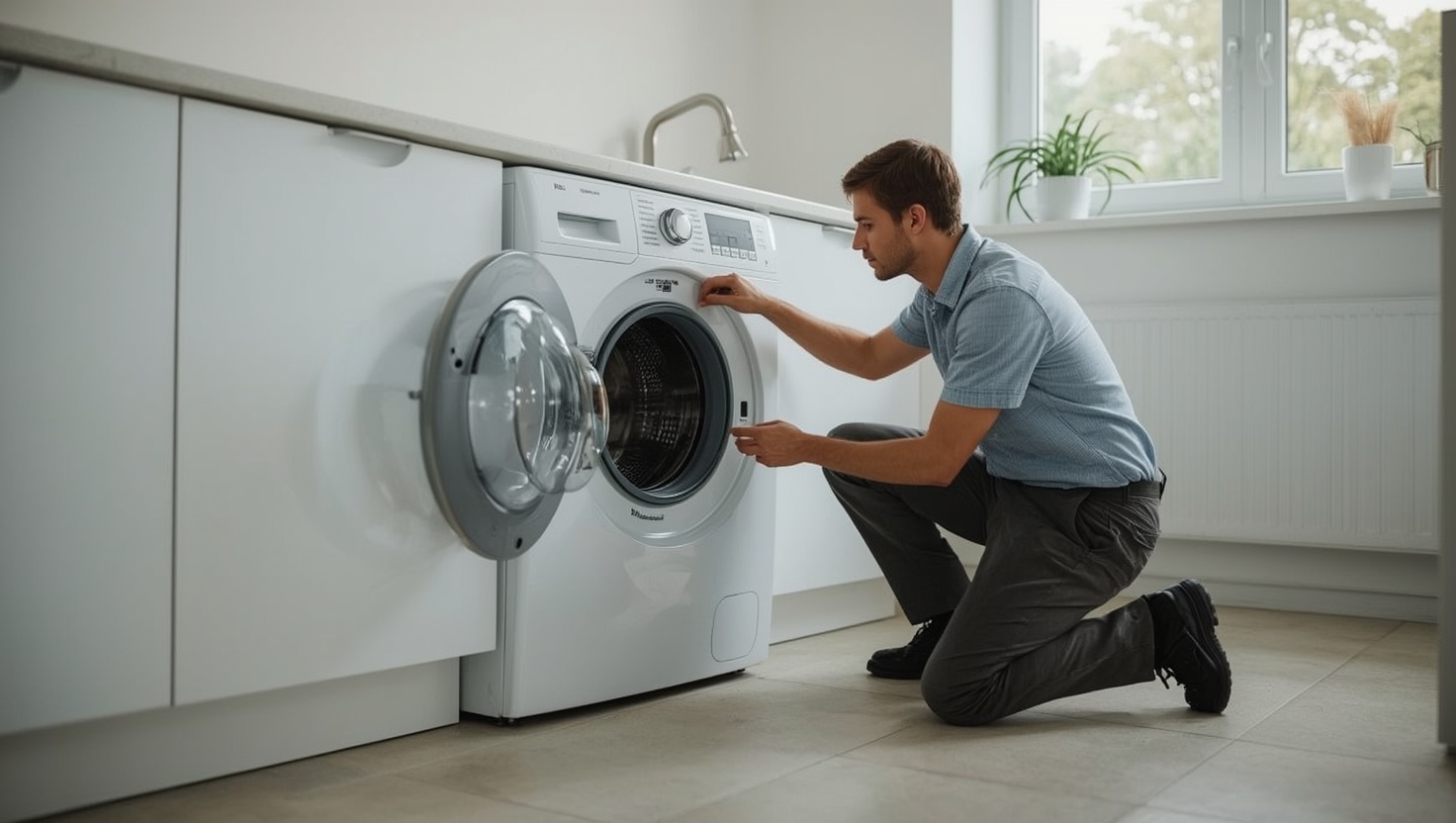 Techniker pr&uuml;ft eine ge&ouml;ffnete Waschmaschine